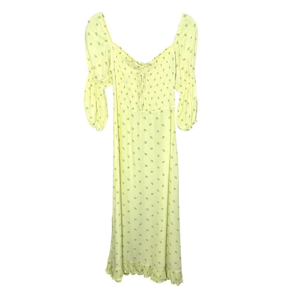 Faithfull The Brand Nora Dress Size Small Yellow Floral Smocked Puff Sleeve Midi